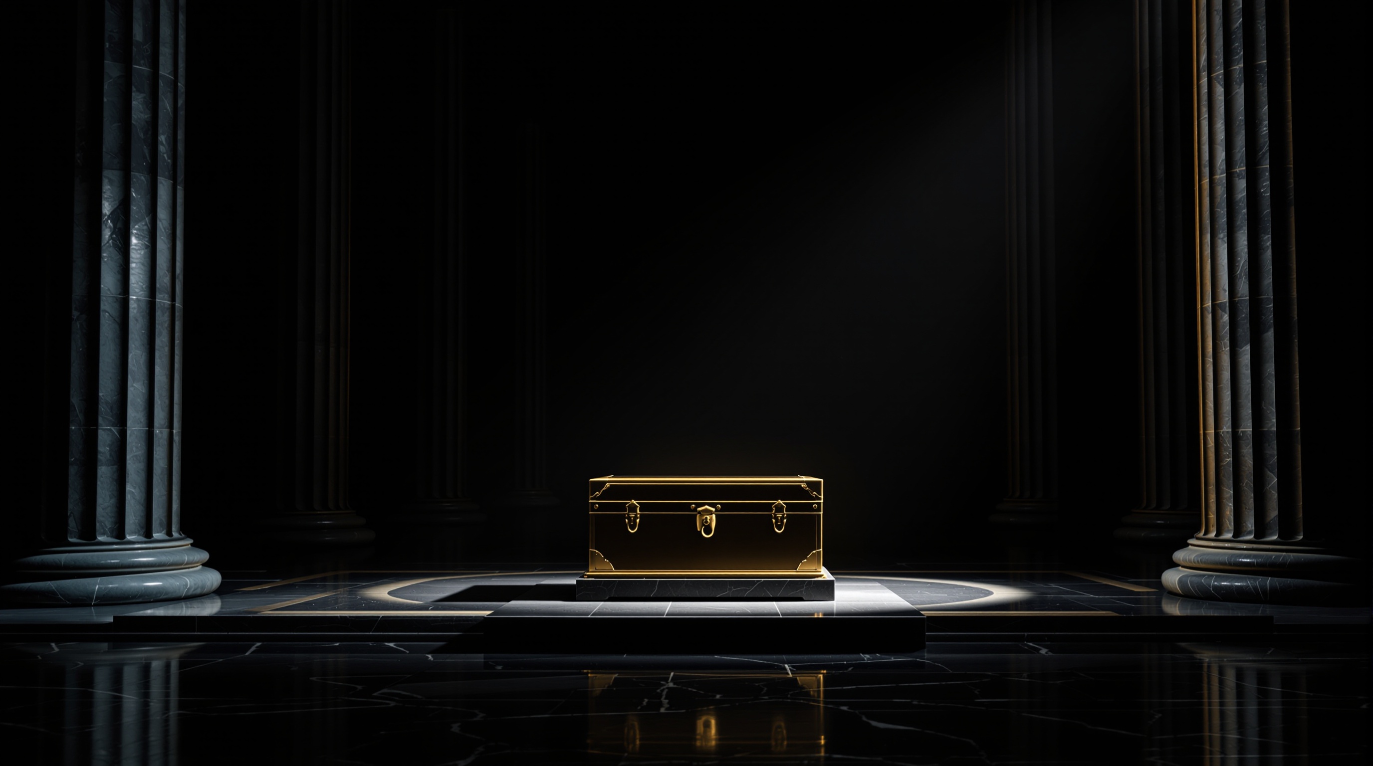 Blank archival ledger (open to empty pages) and a burnished gold inkstand/quill set on a polished black marble table, set inside a shadowed columned h — editorial cover artwork for the Knightron story on SEC Updates Municipal Advisor FAQs, Clarifies Registration A