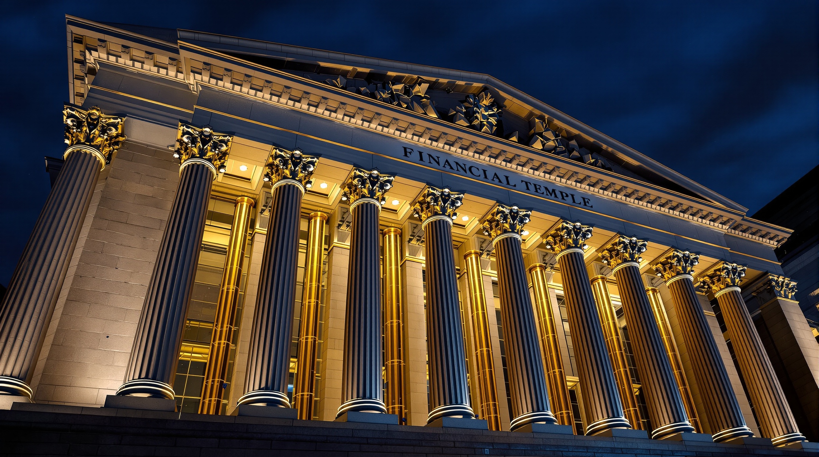 Night-time temple facade of stone and brushed steel whose fluted columns morph into vertical polished well casings fitted with discreet monitoring har — editorial cover artwork for the Knightron story on Orphan Well Repurposing Gains Traction In Pennsylvania And O