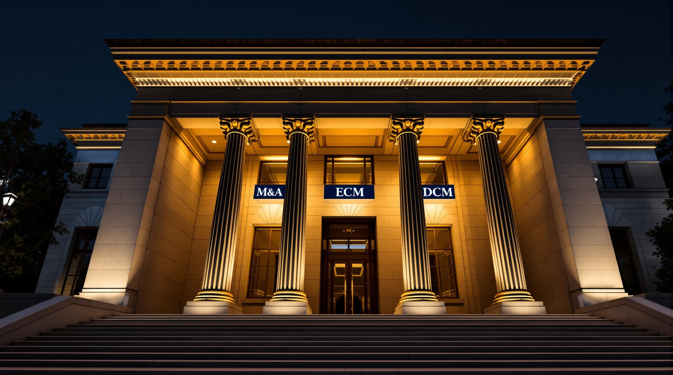 Monumental stone-and-steel financial temple facade at night, focused on three primary columns (architectural, no people) — editorial cover artwork for the Knightron story on Wall Street'S Investment Banking Fees Rebound, But Breadth A