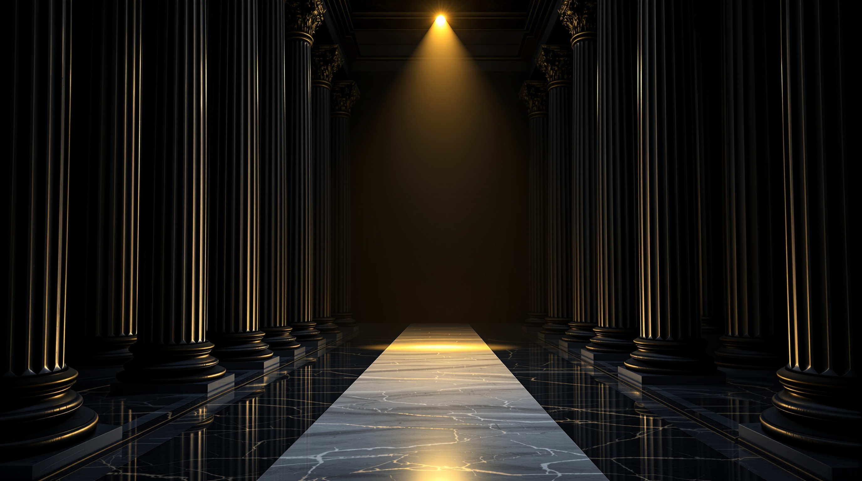 empty marble hall with fluted columns, central marble pedestal, gold balance scale, scattered silver-blue token discs — editorial cover artwork for the Knightron story on FT Reported Legal Services Board Review Resets UK Legal Sect