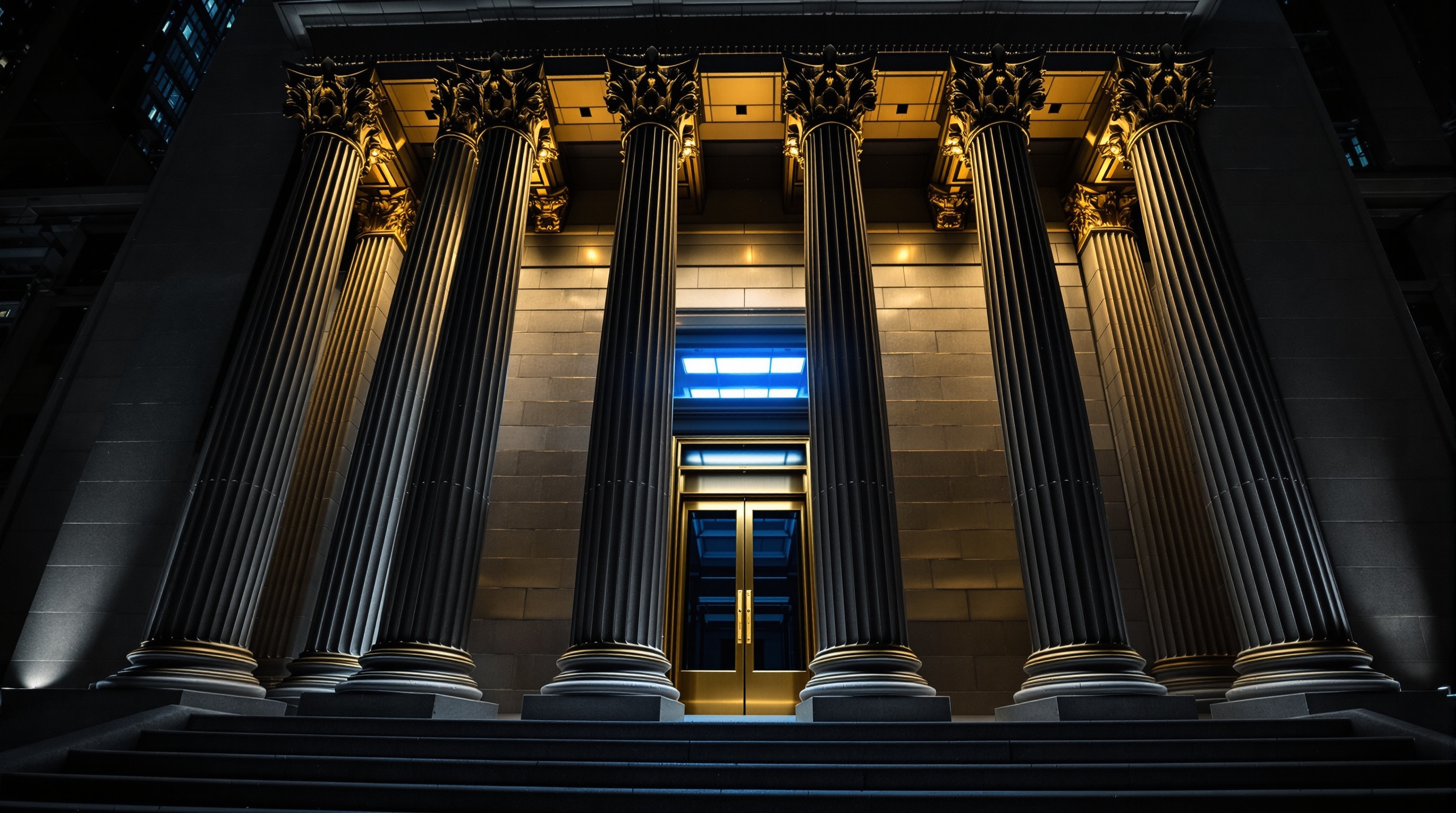 stone-and-steel financial temple façade with broad ascending steps, fluted columns and steel lintels (no people, no signage) — editorial cover artwork for the Knightron story on Wall Street Investment Banking Fees Hit Four Year High As De