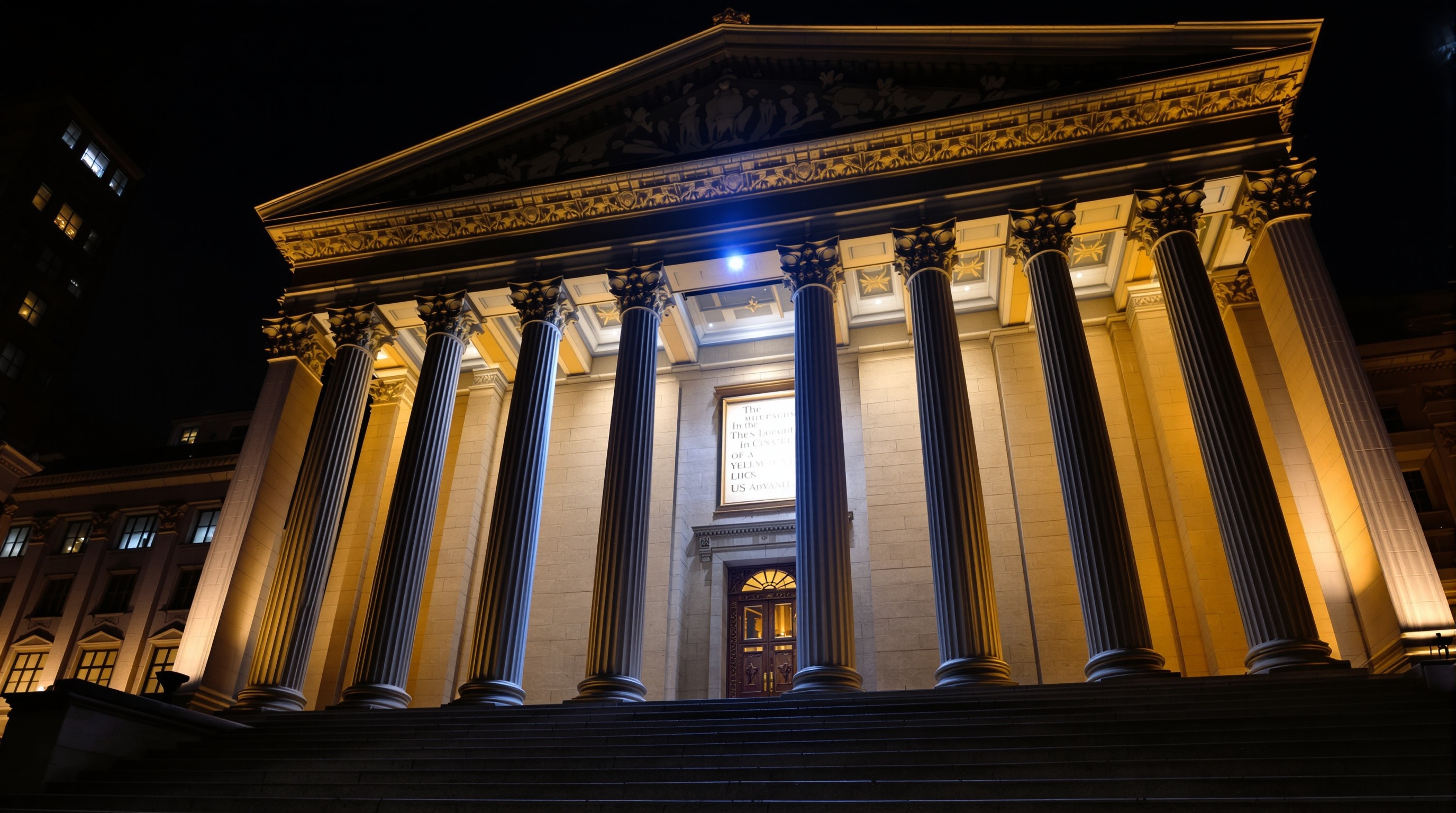monumental stone-and-steel financial temple facade with fluted columns, a black granite forecourt with a shallow reflective pool, and a single shifted — editorial cover artwork for the Knightron story on Summer Cross Asset Risk: Fed Transition, Yen Intervention Ov
