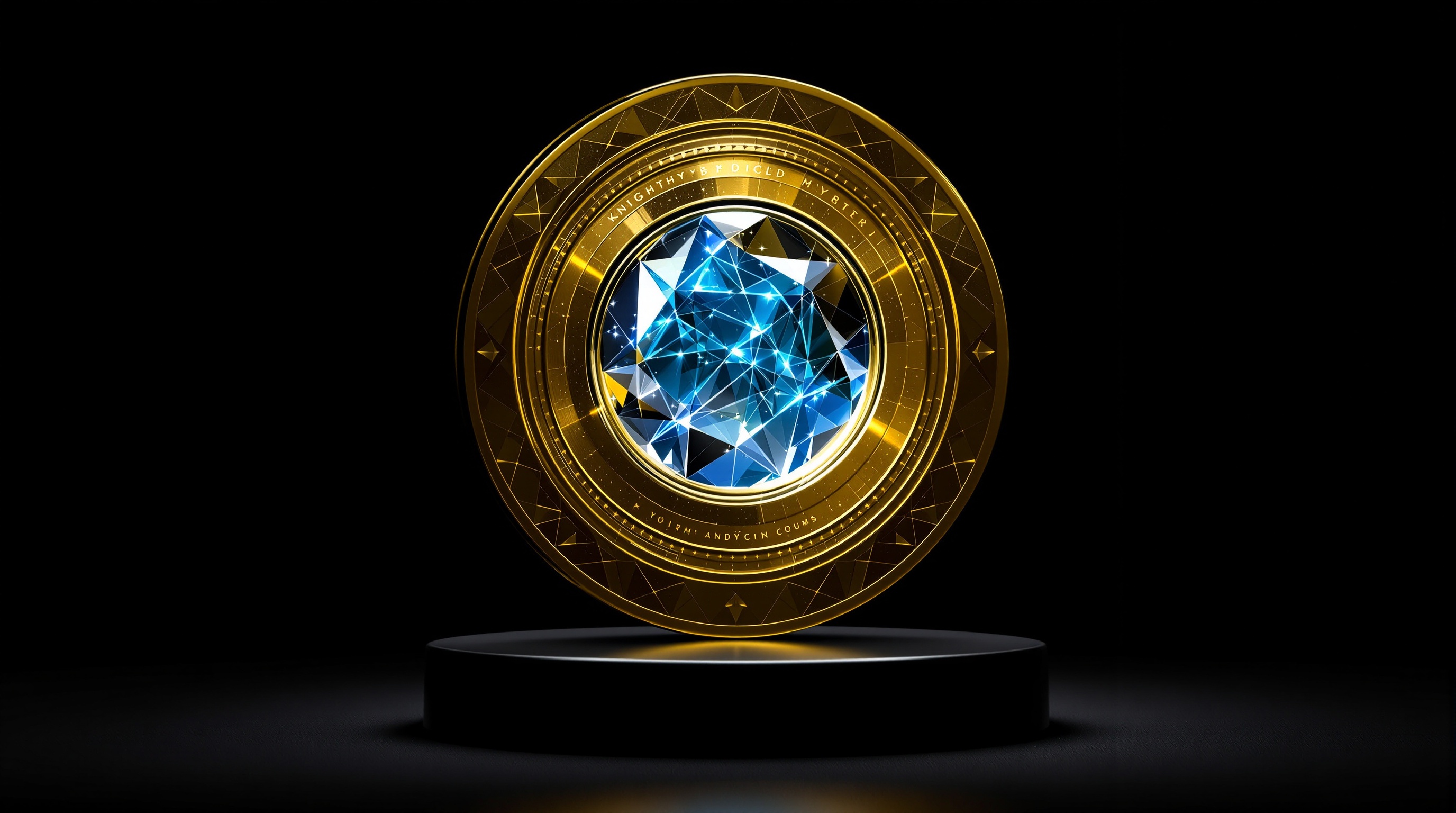 a single symbolic crypto asset: a polished brushed-gold outer disk with a narrow, engineered gap revealing a faceted glass core that refracts cool blu — editorial cover artwork for the Knightron story on Wall Street’S Bank Payment Rails Plan Tests Stablecoin Utili
