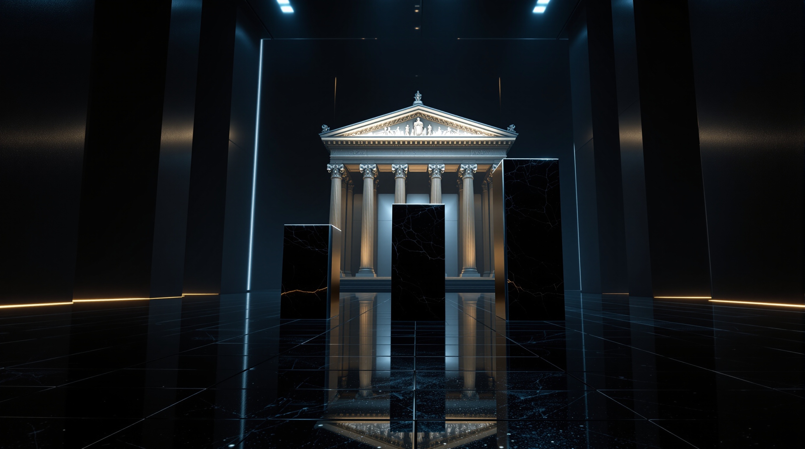 three polished monolithic obelisks on an obsidian trading floor with fluted Greek columns framing a neoclassical central bank facade in the background — editorial cover artwork for the Knightron story on June CGPI: What Japan’S Wholesale Prices Signal For The Yen,