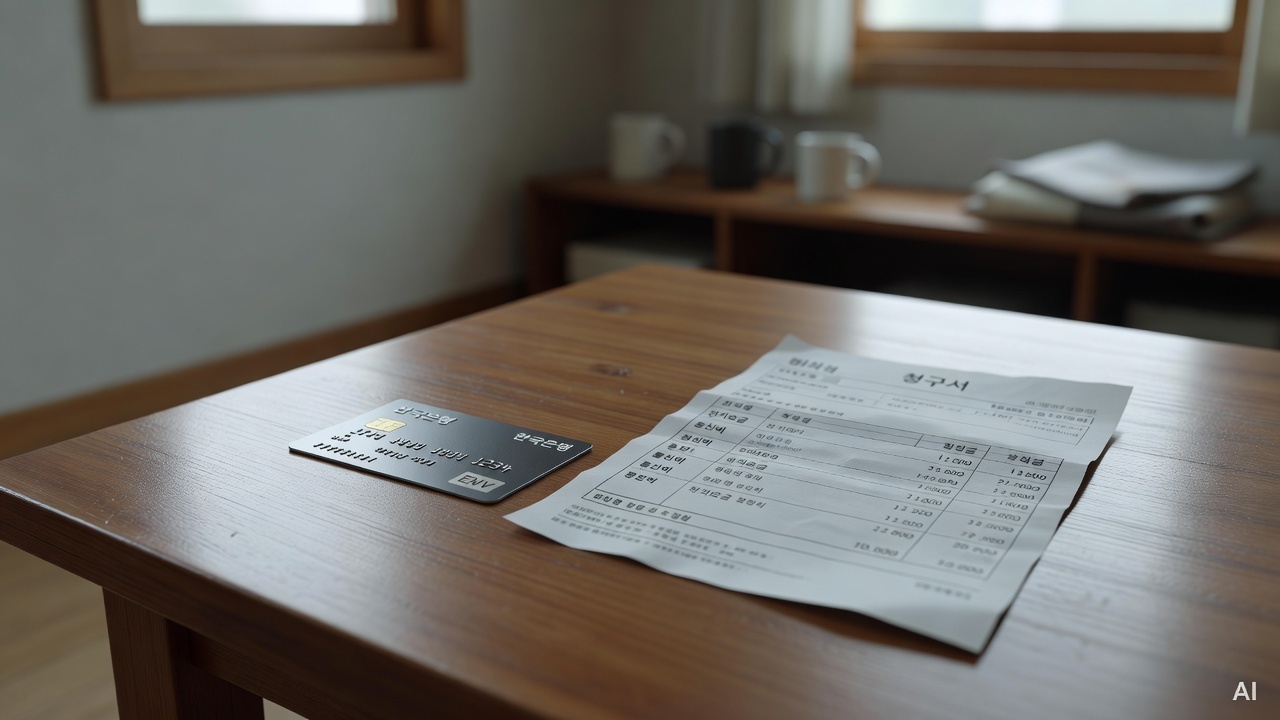 close-up of a credit card and a billing statement on a wooden table