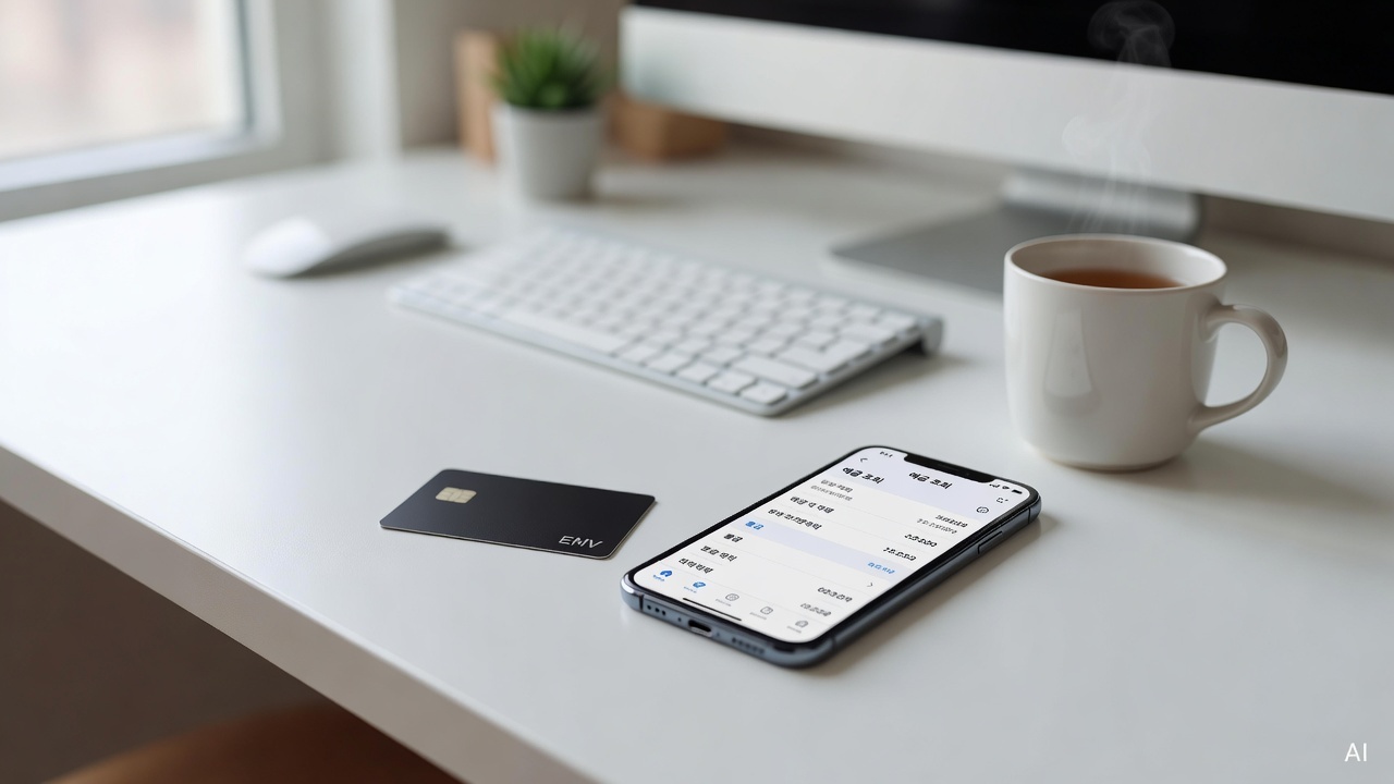 credit card and smartphone placed on a clean white desk showing a banking app screen