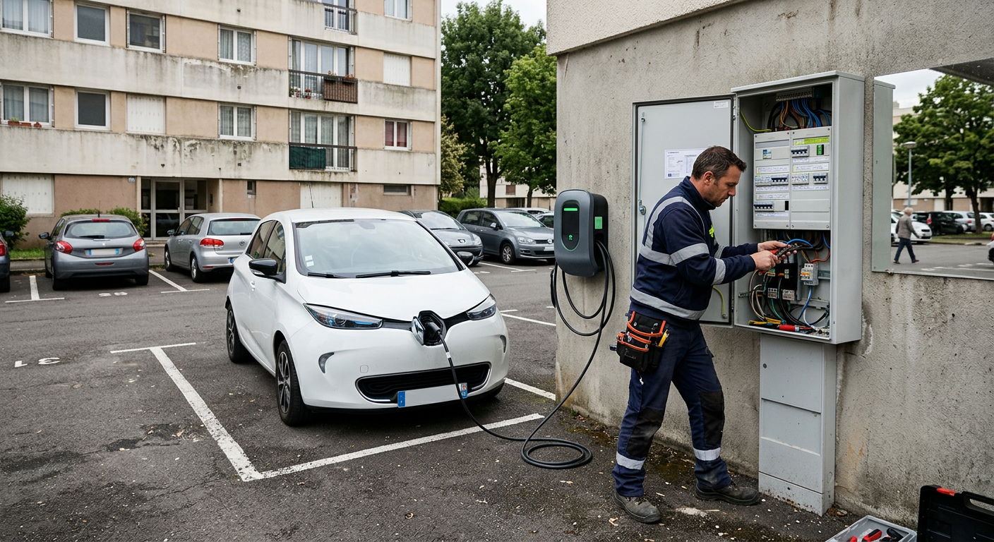 Installateur IRVE connectant un tableau électrique dédié à une borne de recharge électrique dans un parking en copropriété urbain.