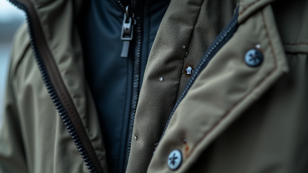 Interior de chaqueta impermeable barata con condensación acumulada