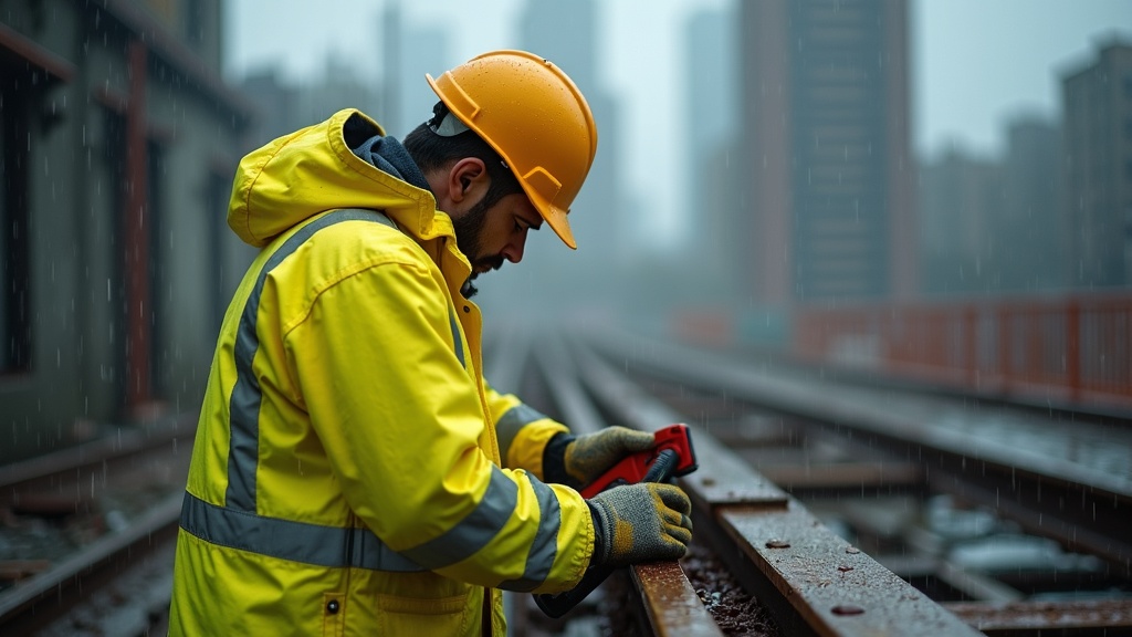 Trabajador de construcción con chaqueta impermeable alta visibilidad bajo la lluvia