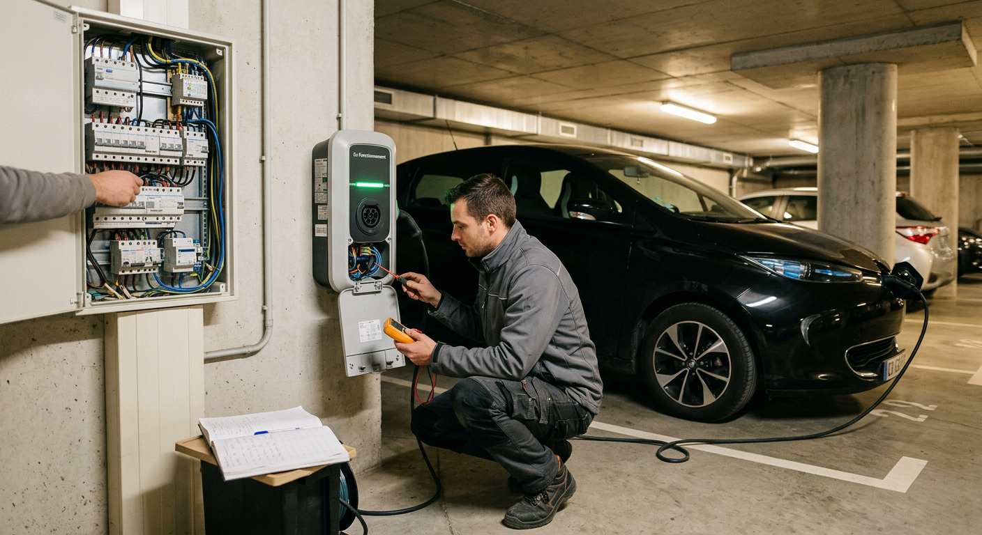 Borne de recharge électrique en fonctionnement dans un parking en copropriété avec installateur examinant les connexions.