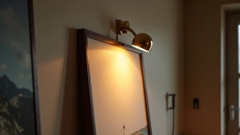 Plug-in picture light mounted on the top frame of a large painting