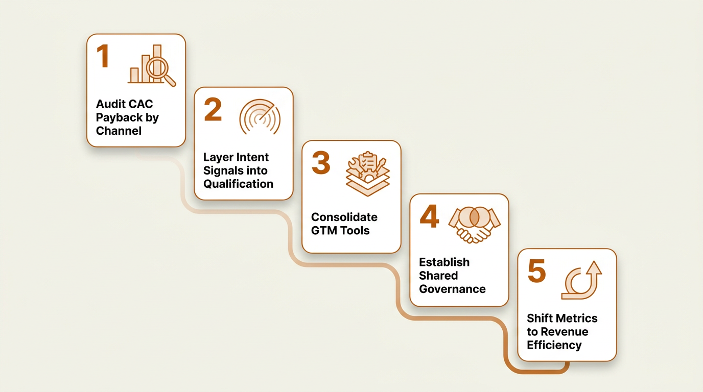 Five-step RevOps checklist infographic for improving CAC payback efficiency