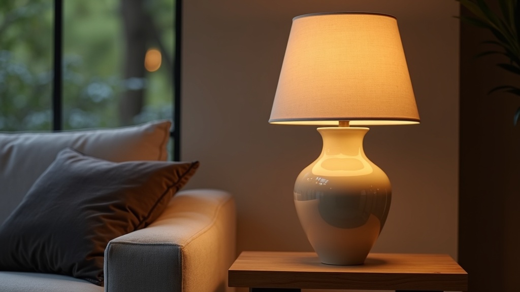 Table lamp on an end table beside a sofa