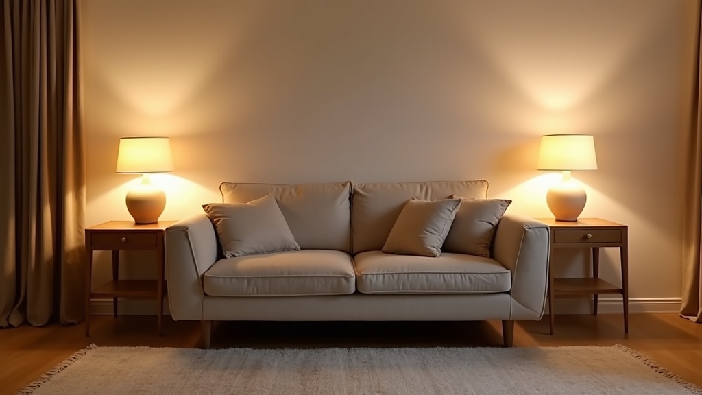 Symmetrical table lamp placement flanking a sofa