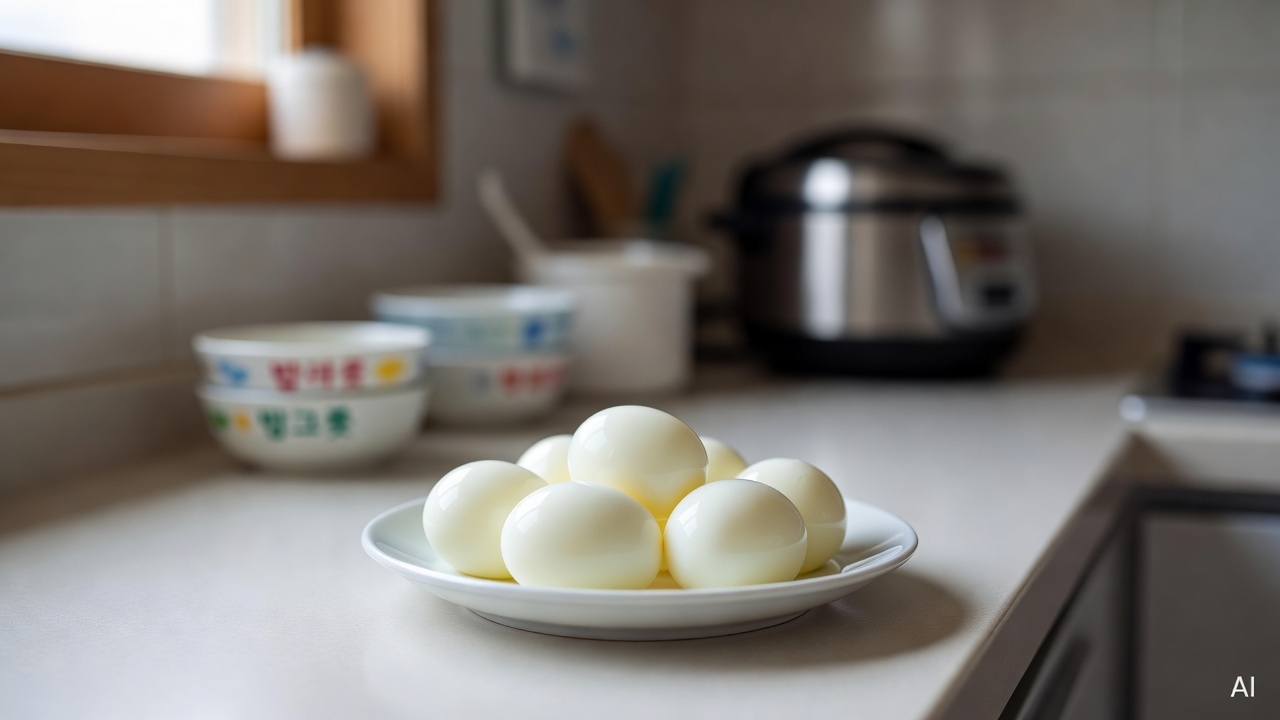 boiled eggs peeled and placed on a white ceramic plate on a kitchen counter