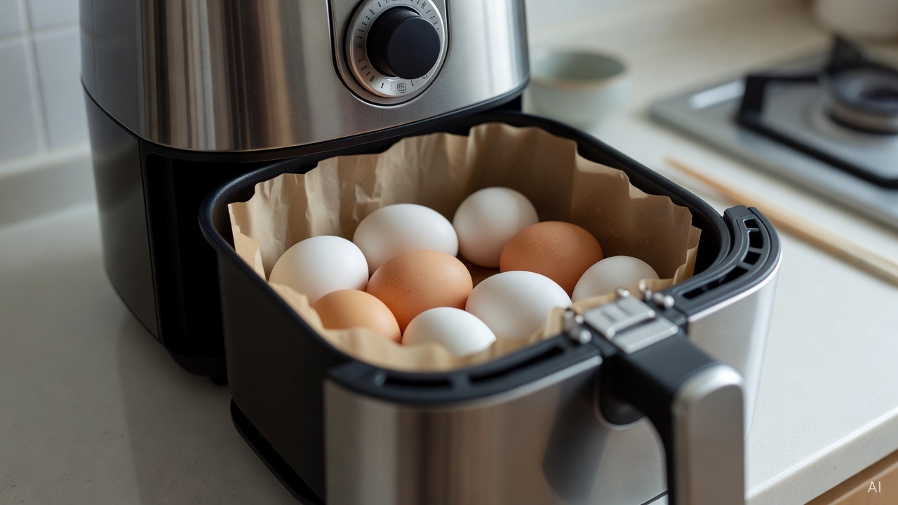 air fryer basket with eggs placed inside on a kitchen countertop