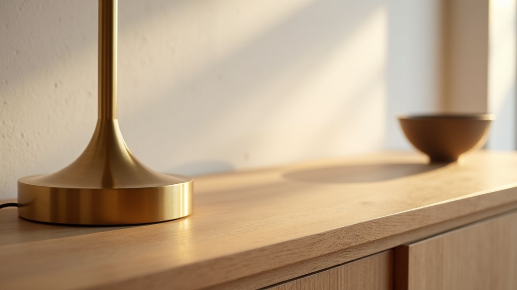 Brushed brass lamp base detail on oak console table