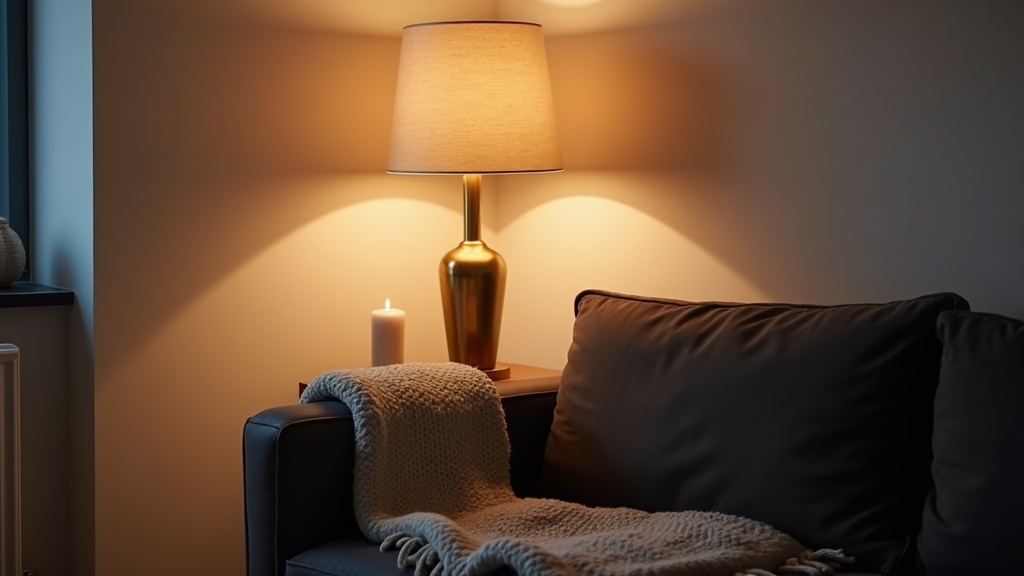 Brass table lamp creating warm light in a Scandinavian living room at dusk