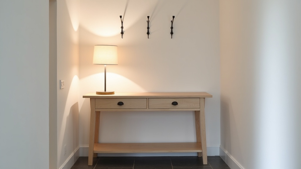 Antique brass table lamp on hallway console table in a Scandinavian home
