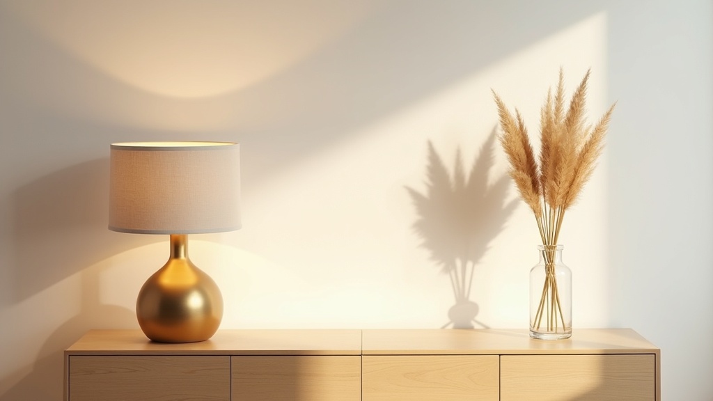 Brass table lamp on oak sideboard in a warm Scandinavian interior