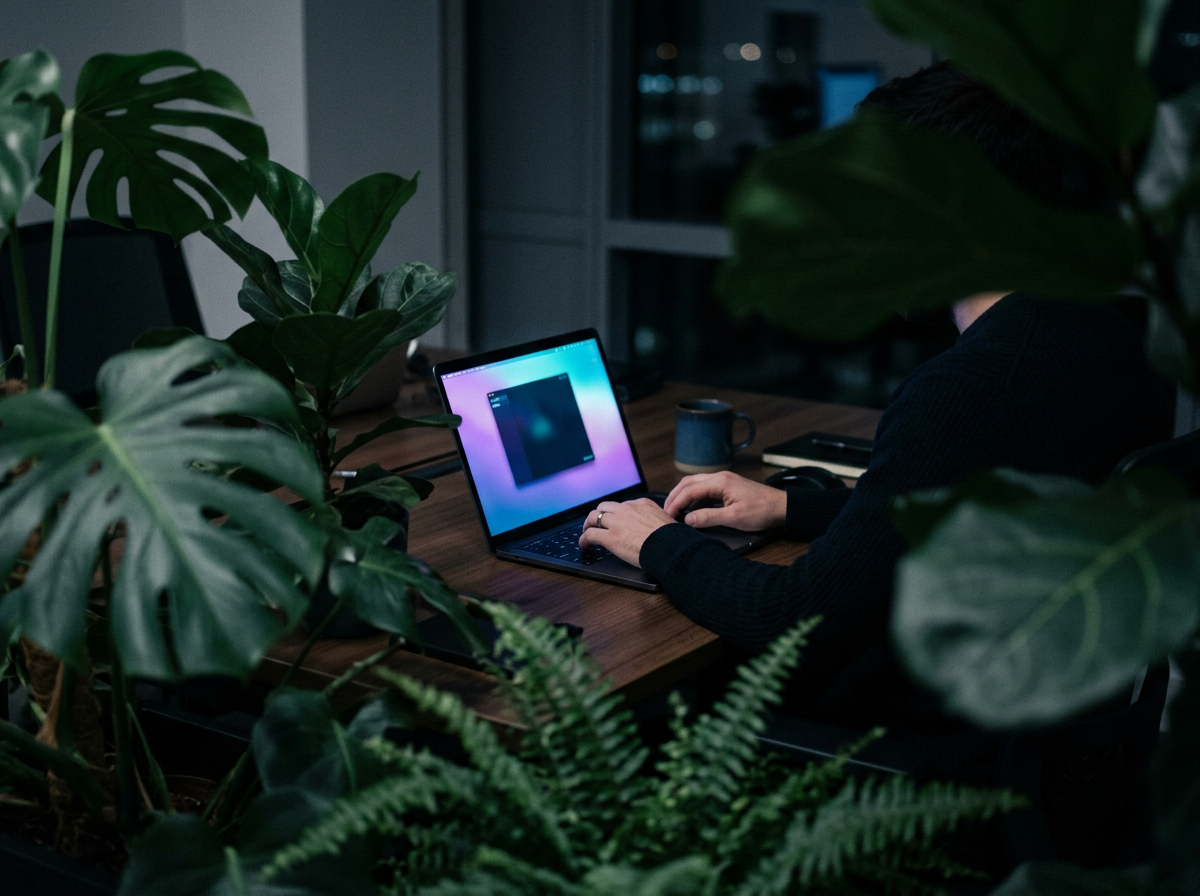 Ondernemer werkt achter laptop met AI-dashboard, symbool voor AI-zichtbaarheid en GEO