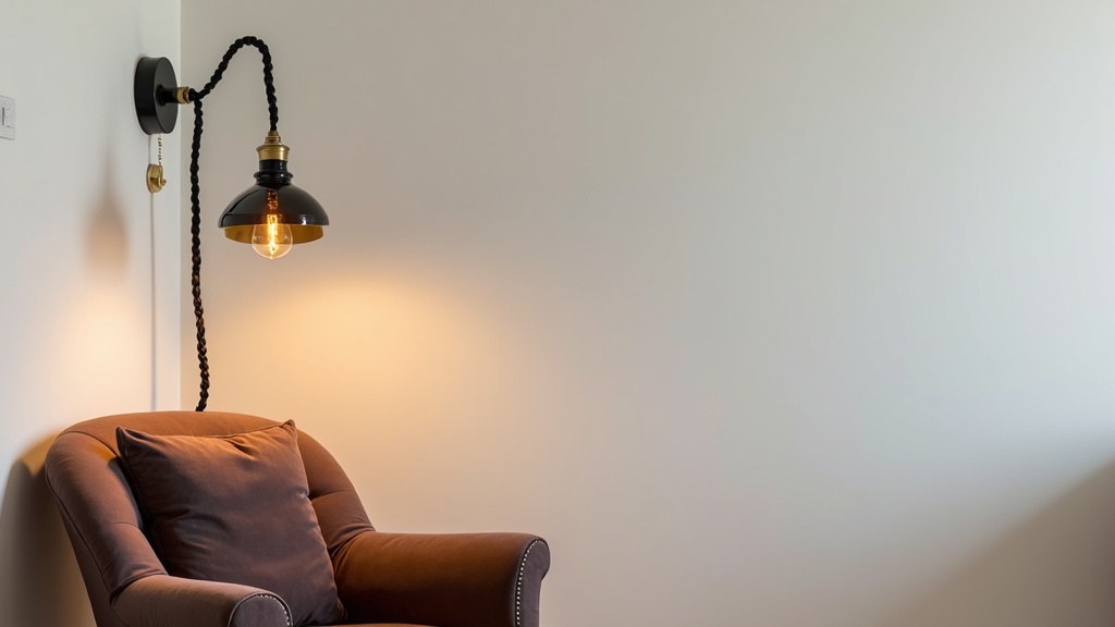 Swag lamp with braided cord in a rental apartment reading corner