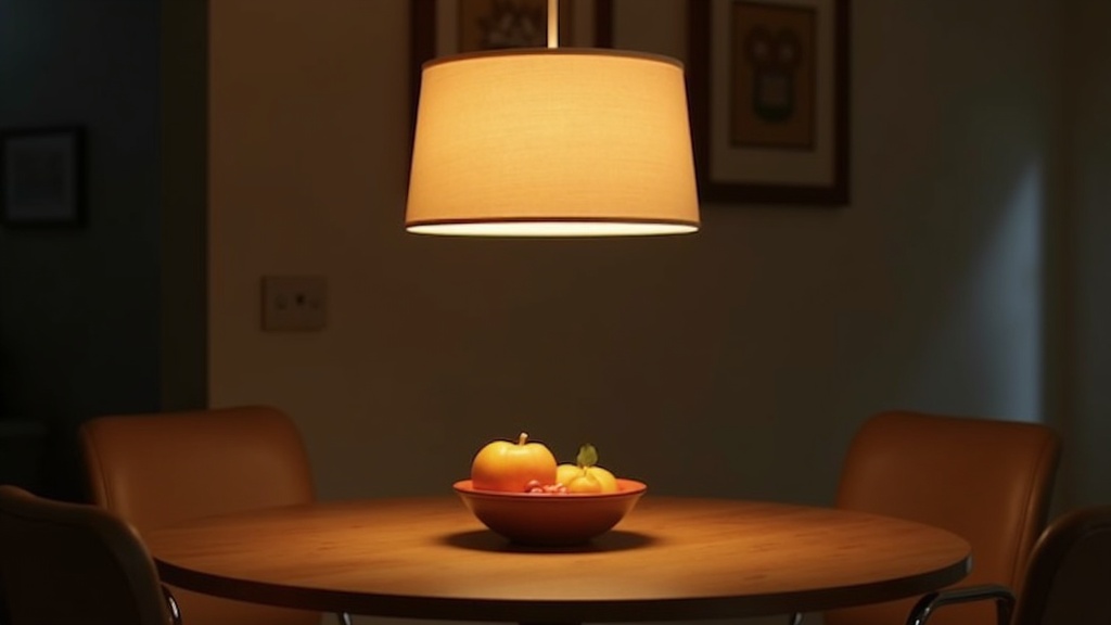 Warm pendant light over a small dining table in an apartment
