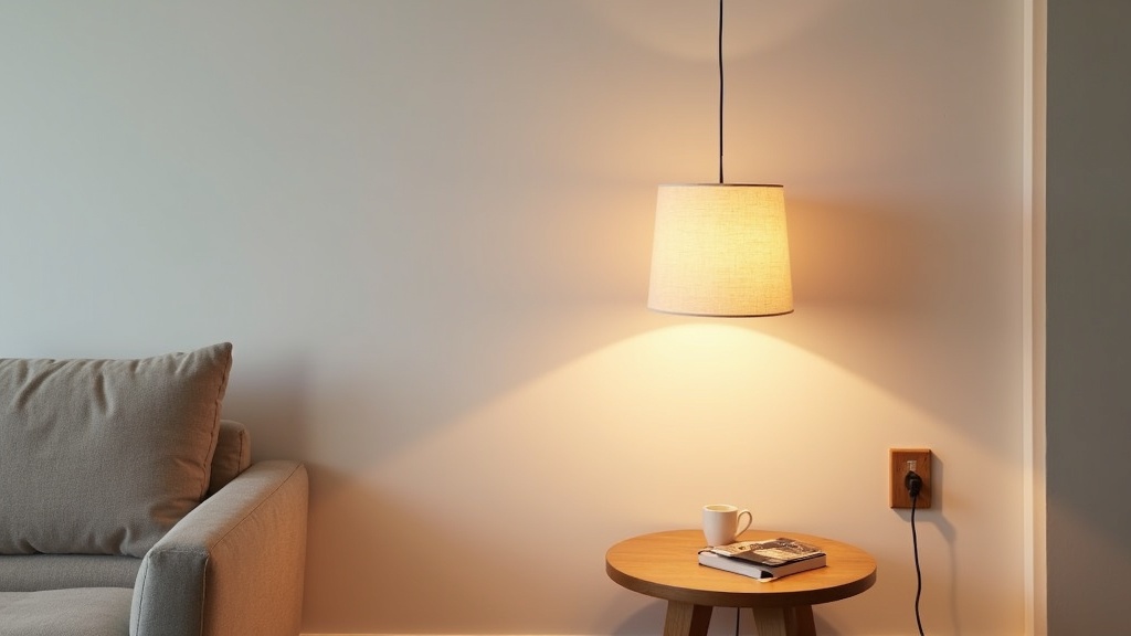 Plug-in pendant light hanging in a rental apartment above a wooden table