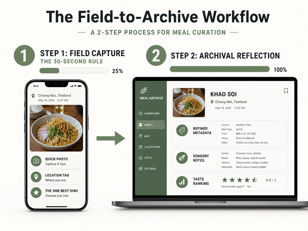 Transform disorganized food photos into a structured archive by separating quick field capture at the restaurant from thoughtful reflection and metadata entry at home.
