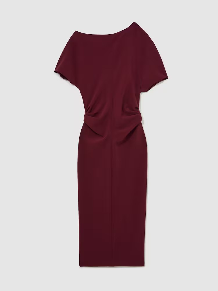 Reiss, Off-Shoulder Ruched Midi Dress in Berry Red