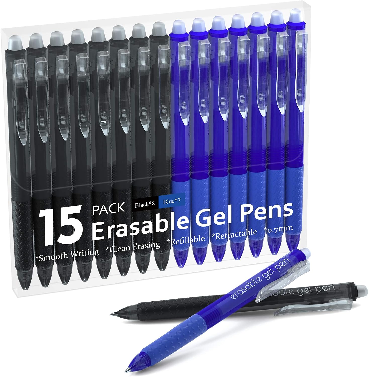 Lineon erasable gel pen pack on a busy student desk with books and lamp in natural light
