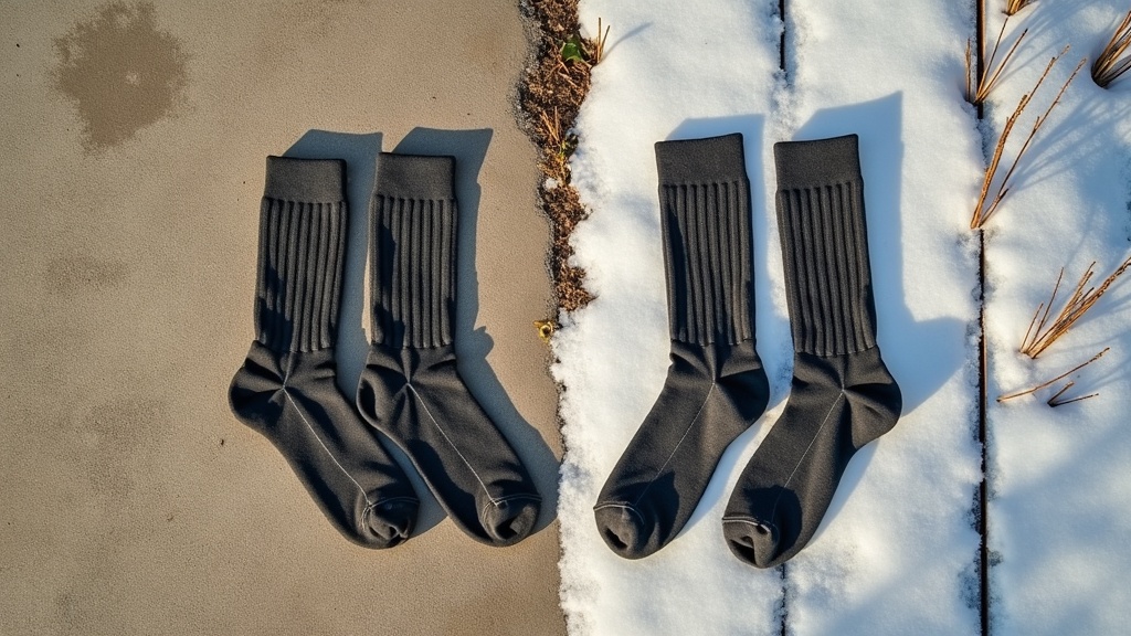 Merino wool work socks shown in both summer heat and winter cold conditions