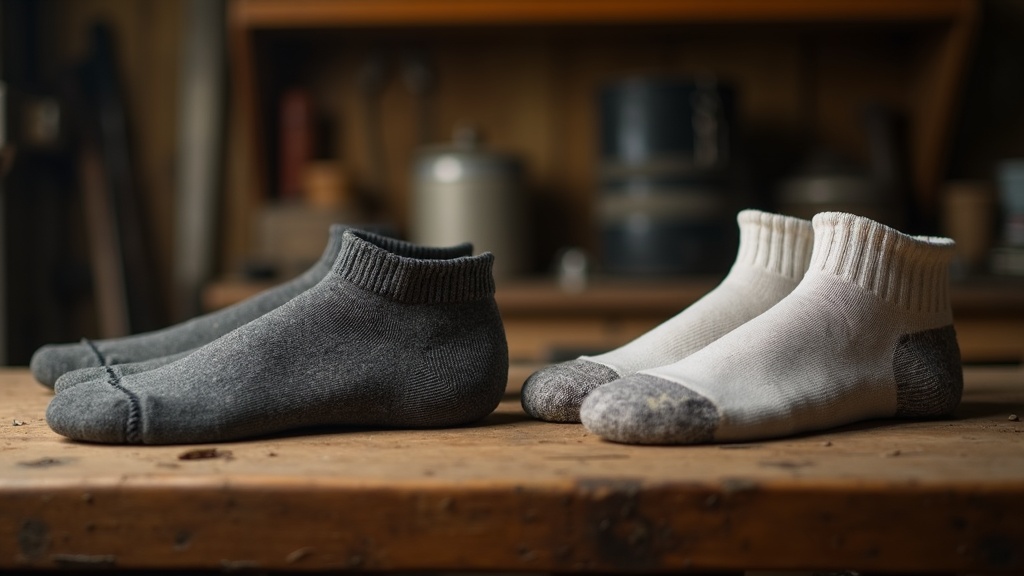 Comparison of well-maintained merino wool work socks vs worn-out cotton socks after equal use