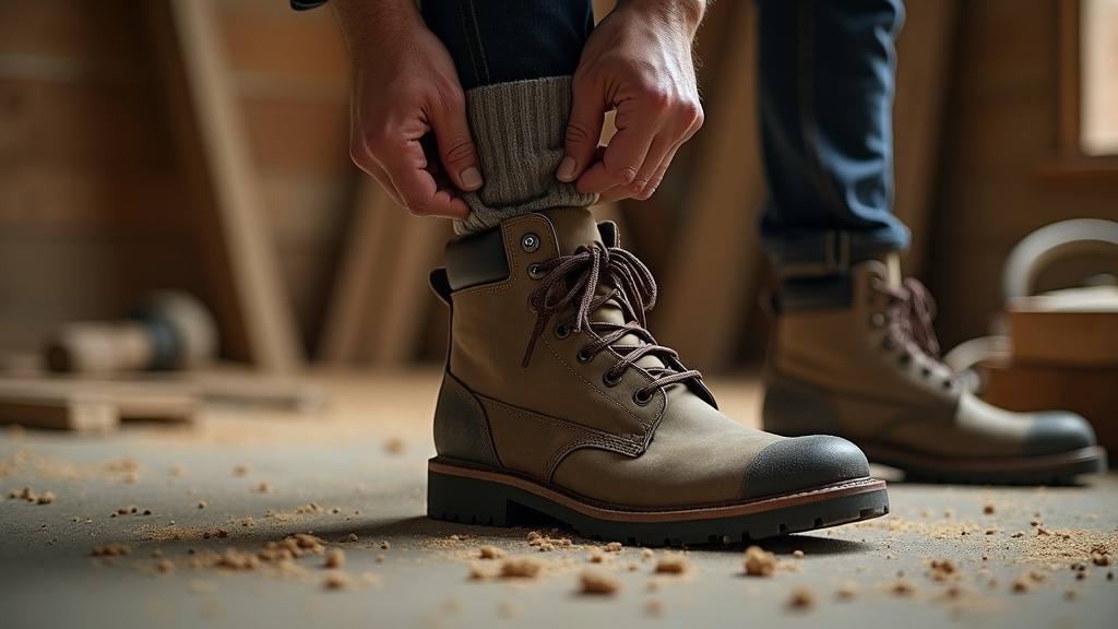 Worker pulling on merino wool socks before lacing up steel-toe work boots on a jobsite