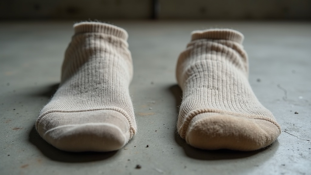 Worn versus new cushioned work sock comparison showing cushion compression