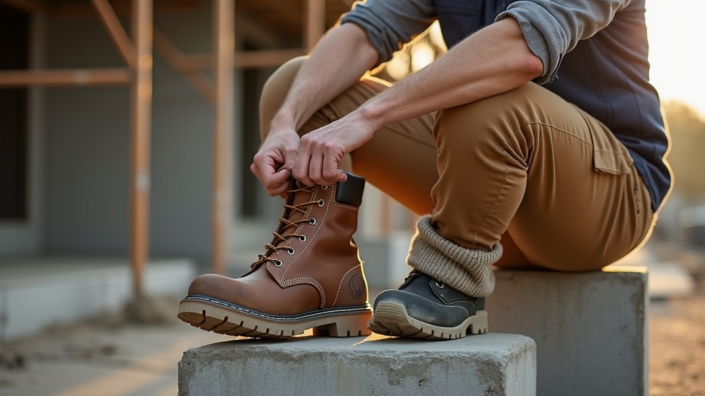 Construction worker putting on thick cushioned work boot sock on a job site
