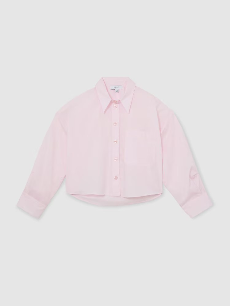 Reiss, Cotton Cropped Long-Sleeve Shirt in Pink