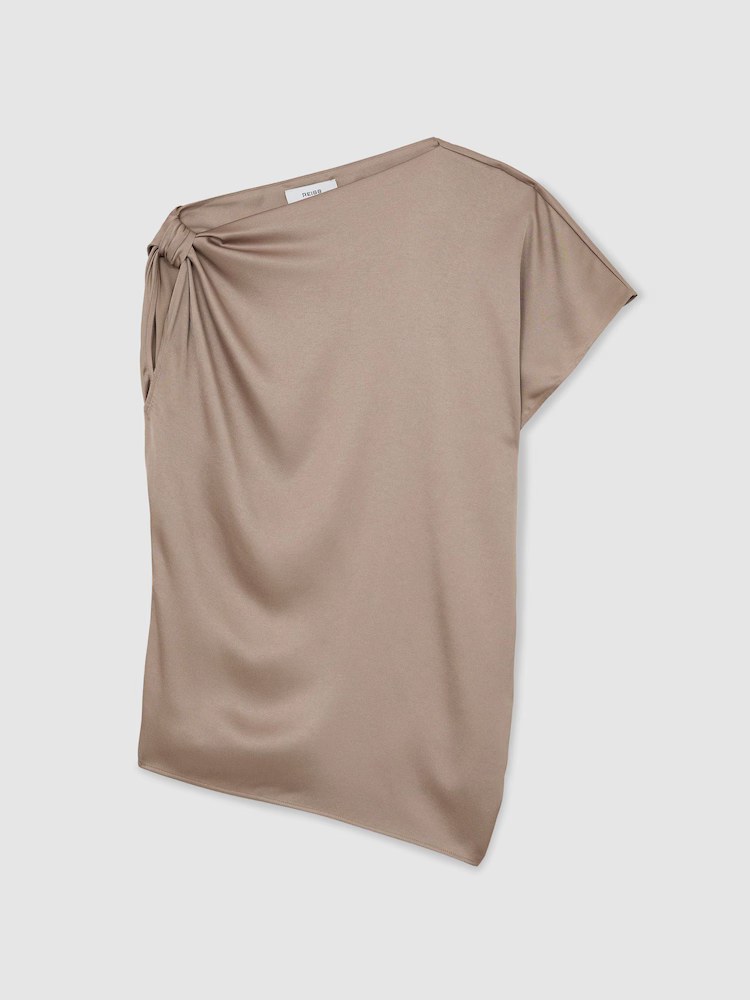 Reiss, Satin Draped One-Shoulder Top in Champagne Neutral