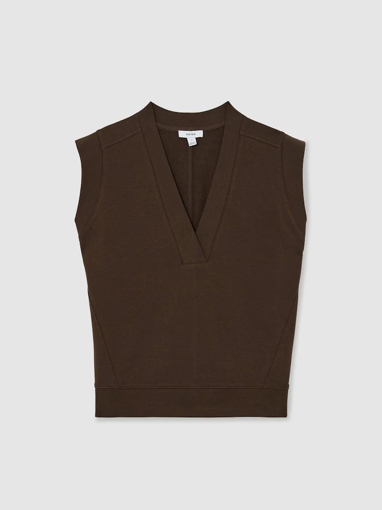 Reiss, Cotton-Blend Sleeveless V-Neck Sweat Top in Chocolate Brown