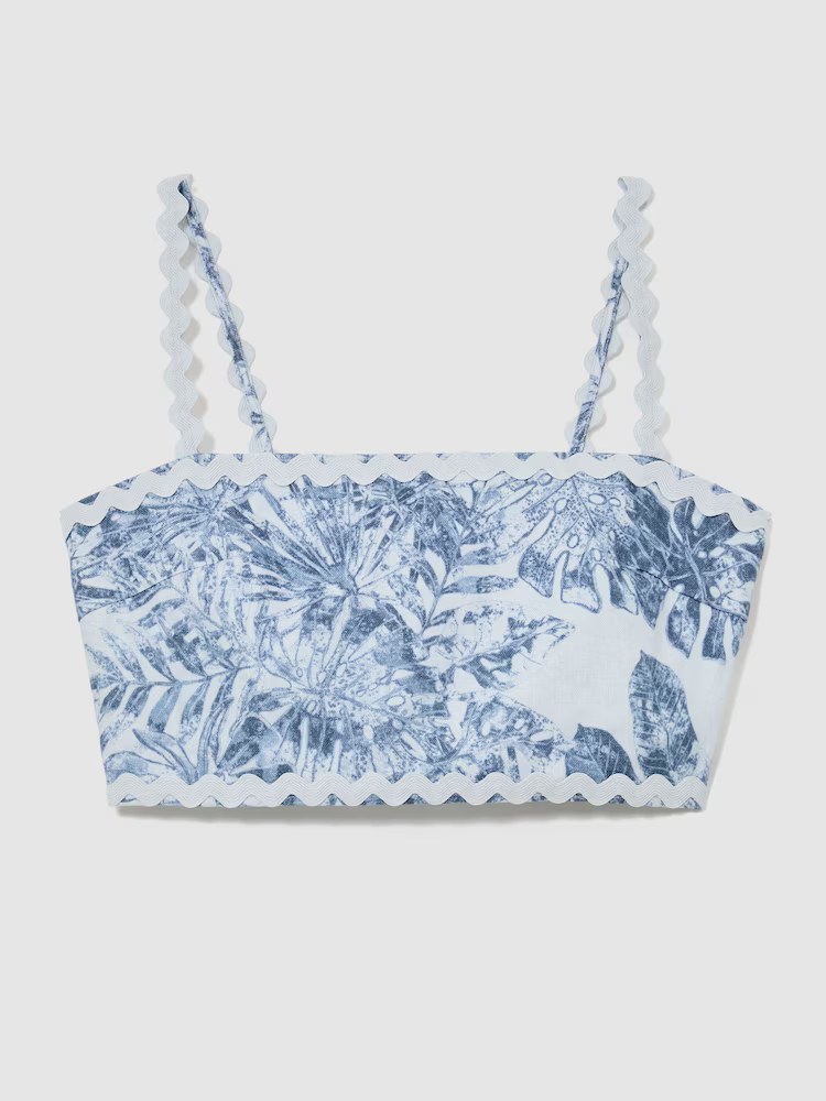 Reiss, Linen Wave-Trim Cropped Cami Top in Blue