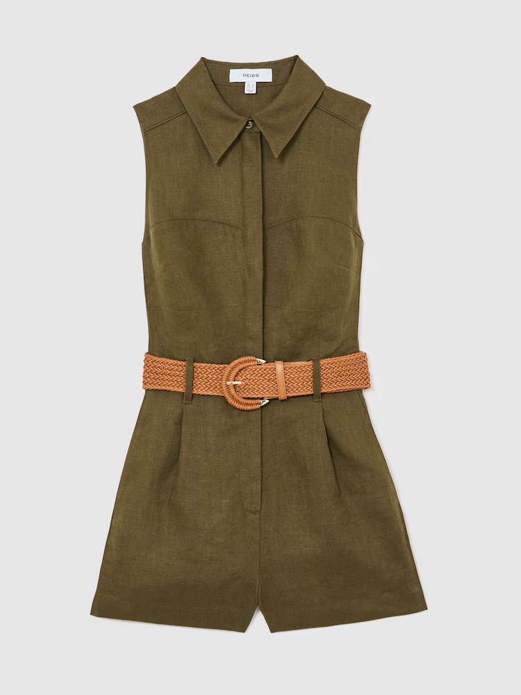 Reiss, Linen Sleeveless Belted Playsuit in Khaki Green