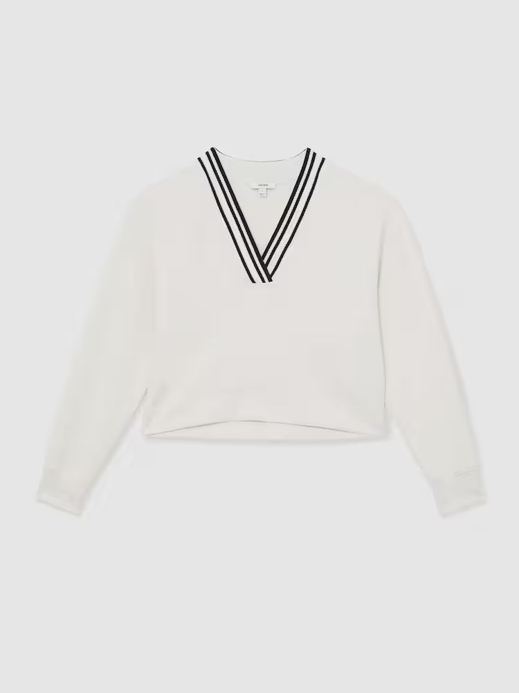 Reiss, Premium Interlock Tipped Cropped Sweatshirt in Ivory