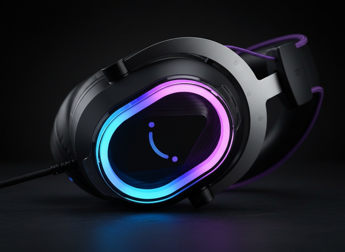 Macro close-up of the H13BP headset's RGB-lit ear cup glowing blue and purple with metal accents