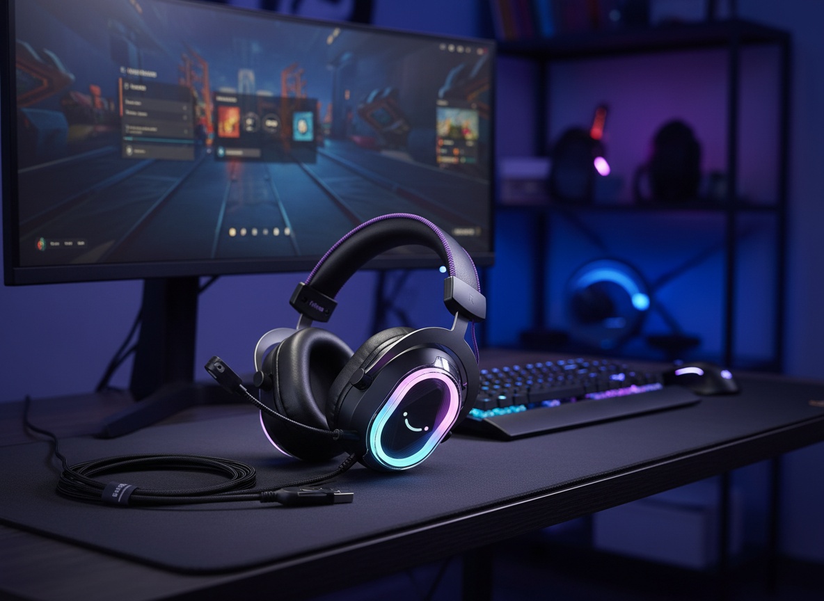 FIFINE H13BP headset on a gaming desk next to keyboard and monitor with RGB lighting active