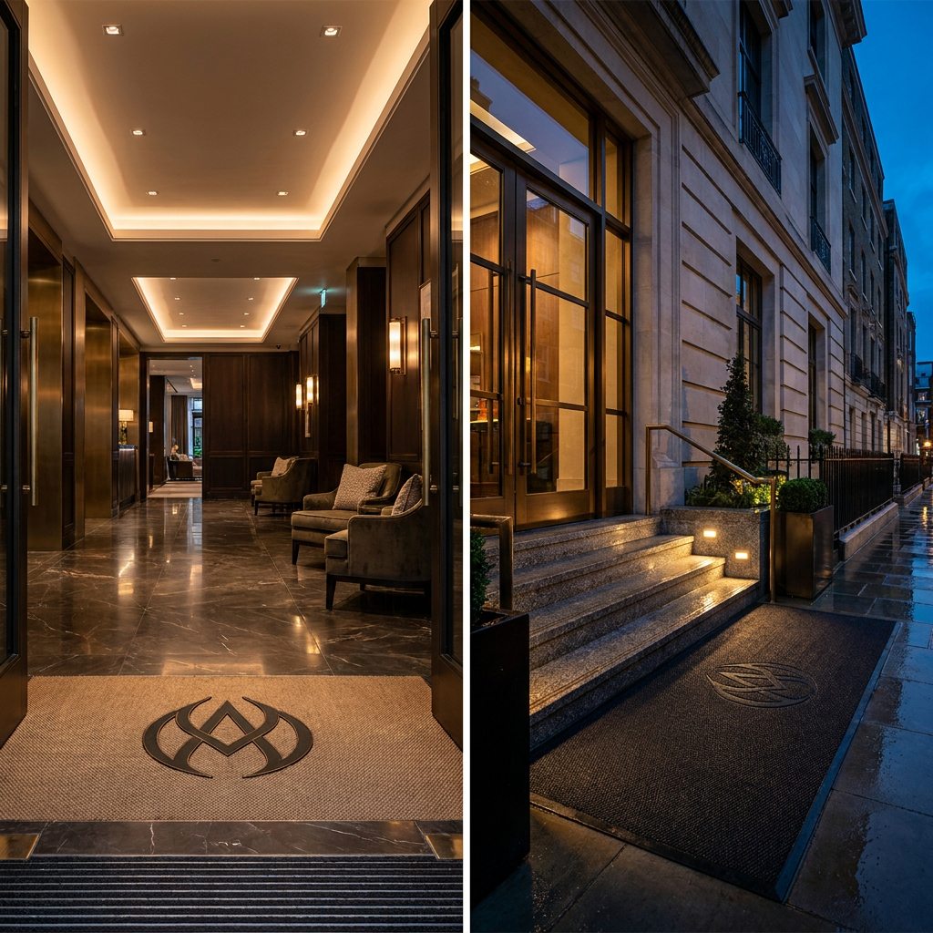 A lifestyle-styled comparison visual contrasting indoor versus outdoor custom logo mat applications, showing two distinct premium environments side by side to highlight product differences