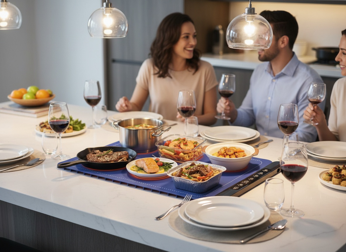 Silicone warming mat set up on kitchen counter during a dinner gathering with food and table settings visible