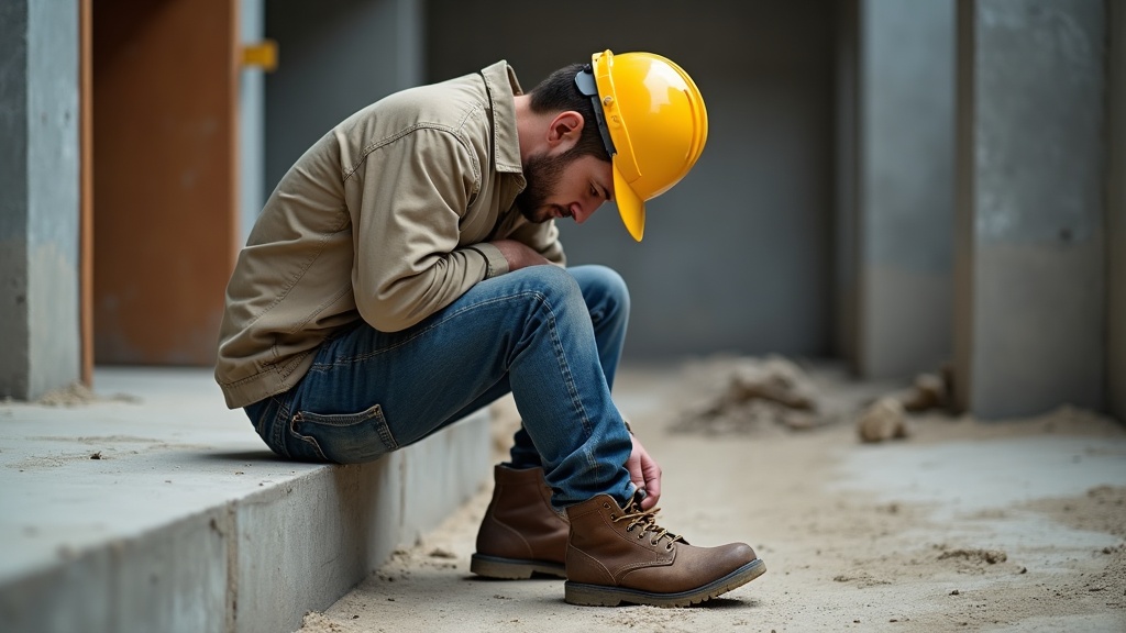 Trabajador de obra con dolor en los pies al final de la jornada