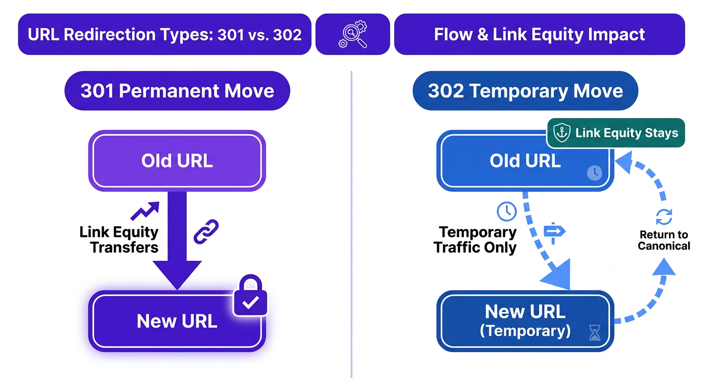 Flowchart comparing SEO impact of 301 vs 302 redirects side by side