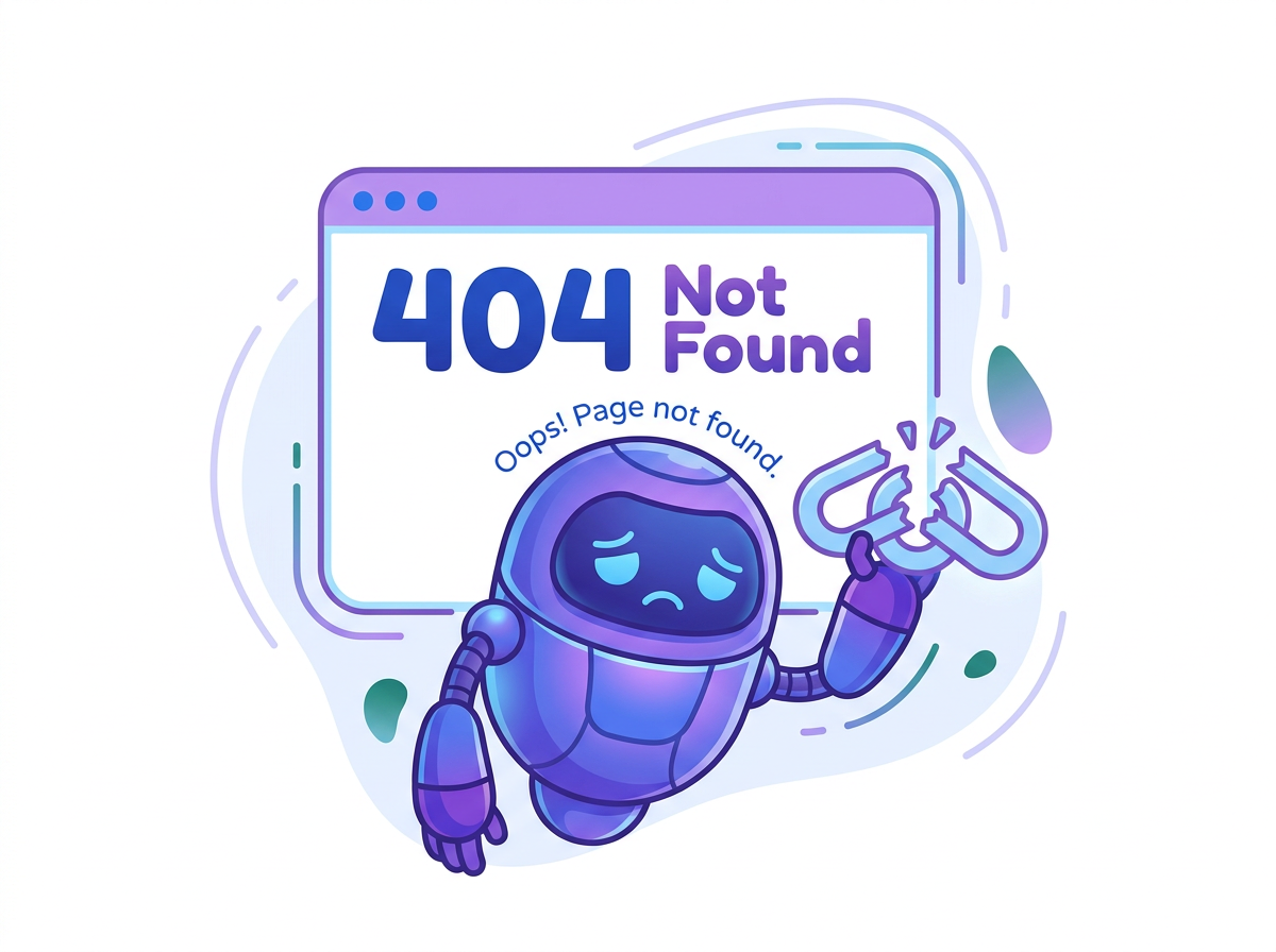 Custom illustration of a sad robot holding a broken link icon beside a 404 Not Found error page