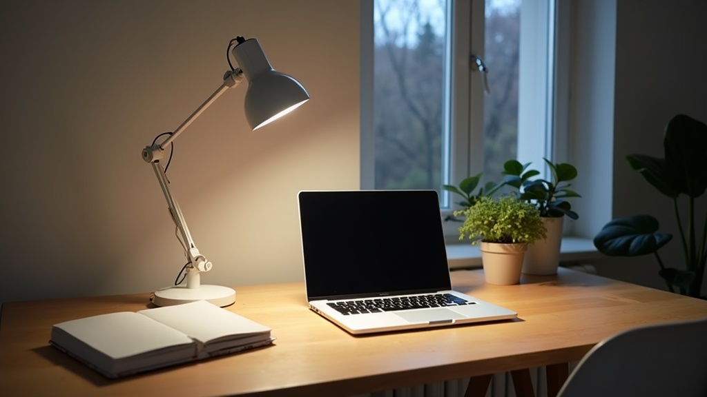 Cool white LED desk lamp in a minimalist home office